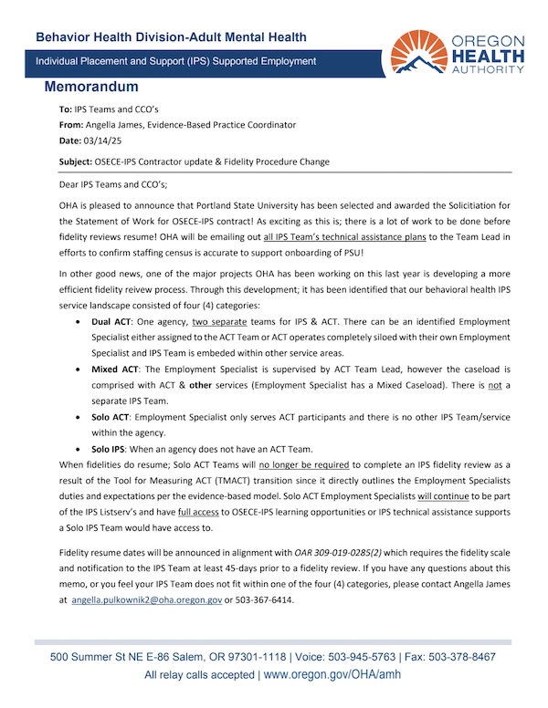 OHA Behavioral Health Memo